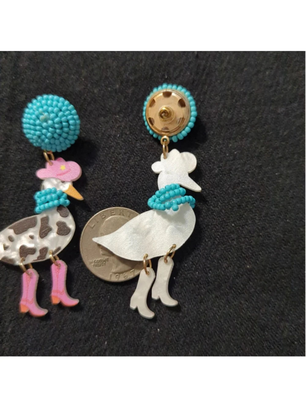 Cow Print Goose in Pink Cowboy Boots and Hat with Blue Beads Statement Earrings
